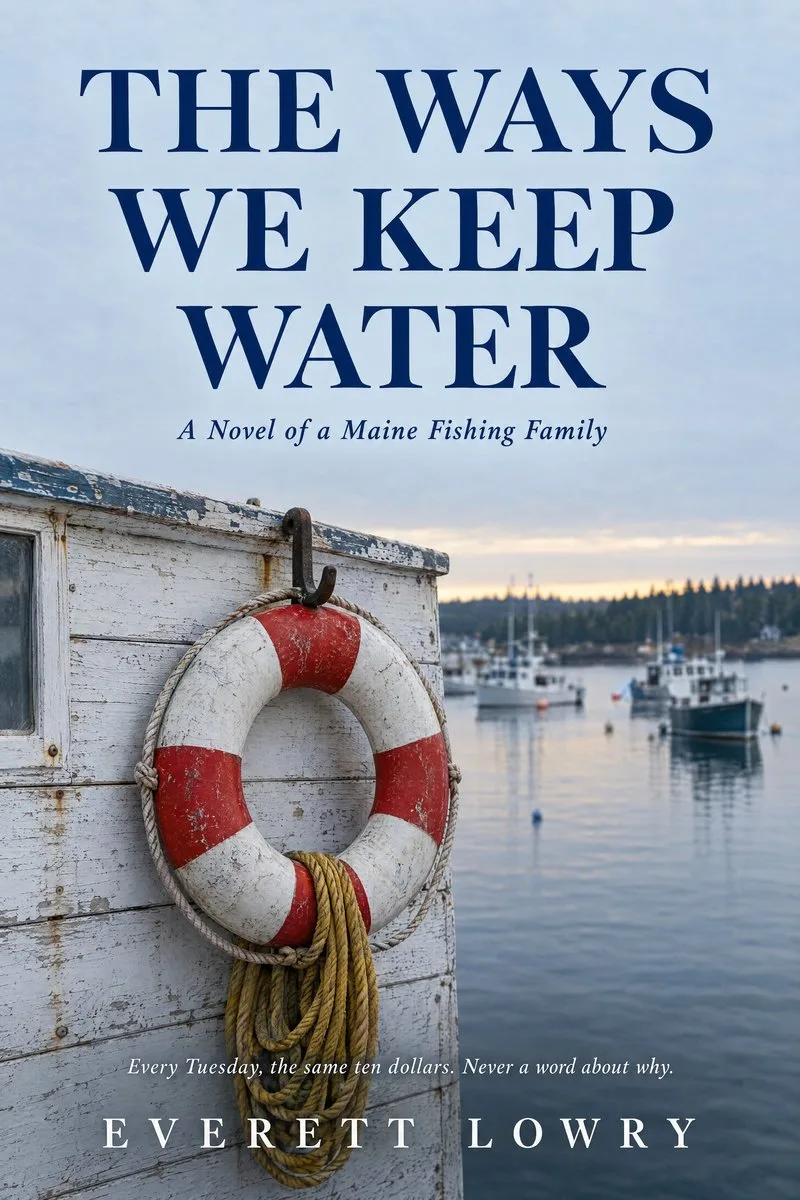 Cover of The Ways We Keep Water by Everett Lowry: a red-and-white life ring hanging on a weathered harbor shed above a calm Maine harbor